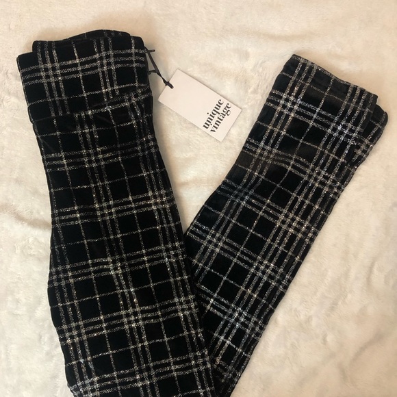 NWT Unique Vintage Black and Silver Plaid Velvet Rizzo Cigarette Pants - Picture 3 of 4